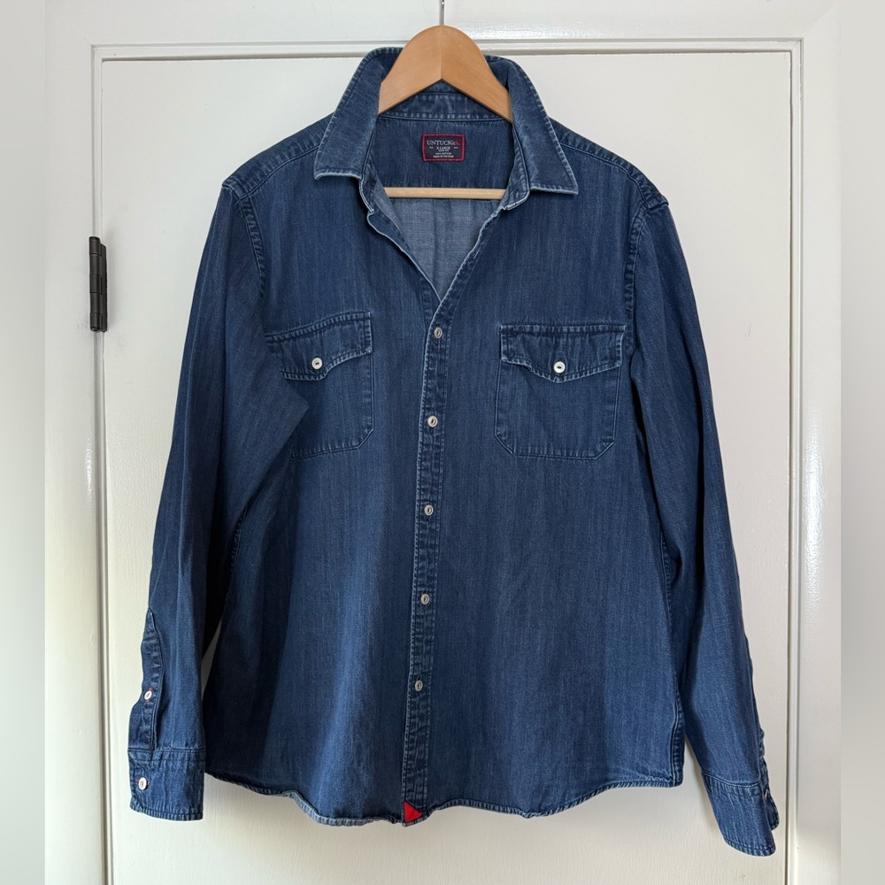 UNTUCKit Men’s Cotton Blue Denim Button Front Long Sleeve Shirt Slim Fit Size XL
